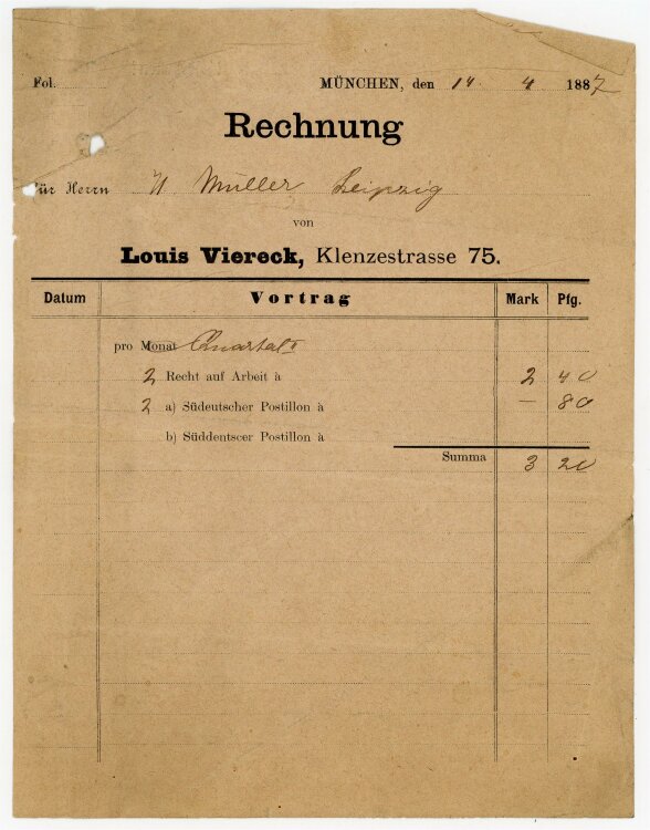 Louis Viereck Verlag (Leipzig) - Rechnung an H. Müller (Leipzig) - 14.4.87