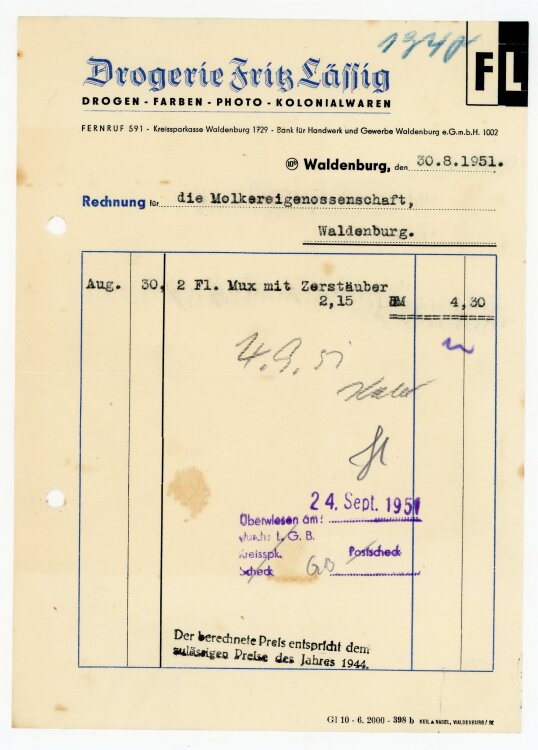 Dorgerie Fritz Lässig (Waldenburg) - Rechnung an...