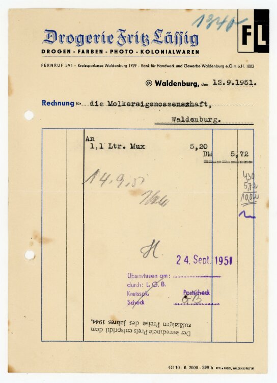 Dorgerie Fritz Lässig (Waldenburg) - Rechnung an Molkerei-Gen. - 12.9.51