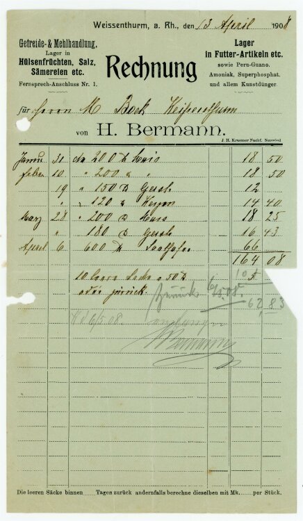 Getreidehandlung - Rechnung an Bock Bierbrauerei (Weissenthurm) - 13.4.1908