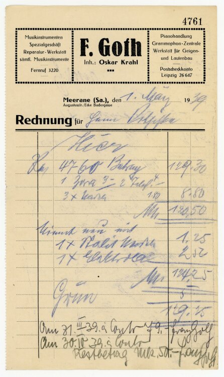 F. Goth Musikinstrumente (Meerane) - Rechnung an Ditschke (Meerane) - 1.3.1939