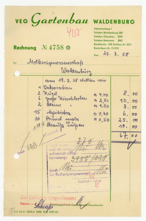 VEB Gartenbau (Waldenburg) - Rechnung an Molkerei-Gen. (Waldenburg) - 25.3.58