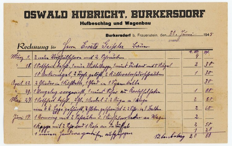 Hubricht Hufbeschläge (Burkersdorf) - Rechnung an Bauer Ewald Geissler - 30.6.45