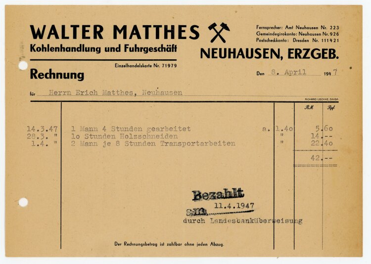 Matthes Kohlenhandlung (Neuhausen) - Rechnung an Erich Matthes - 8.4.47