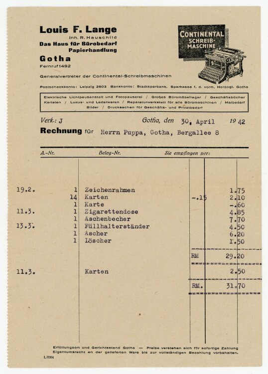 Louis F. Lange Bürobedarf (Gotha) - Rechnung an Herr Puppa (Gotha) - 30.4.1942