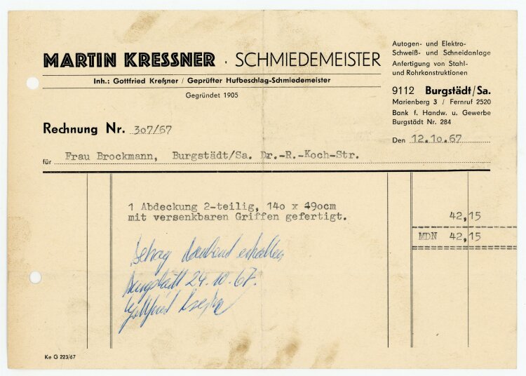Kressner Schmiedemeister (Burgstädt) - Rechnung an Frau Brockmann - 12.10.67