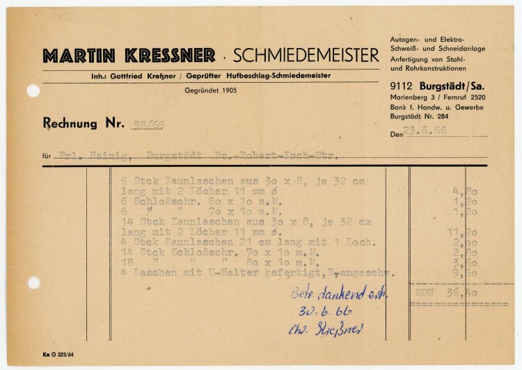 Martin Kressner Schmiedemeister (Burgstädt) - Rechnung an Frl. Heinig - 23.6.66