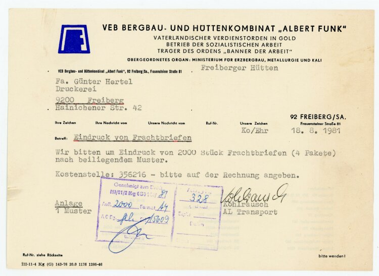 VEB Bergbau (Freiberg) - Rechnung an Günter Hertel (Freiberg) - 18.8.81