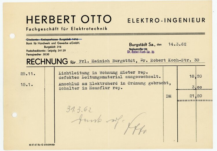 Otto Elektro-Ingenieur (Burgstädt) - Rechnung an Frau Brockmann - 14.3.62