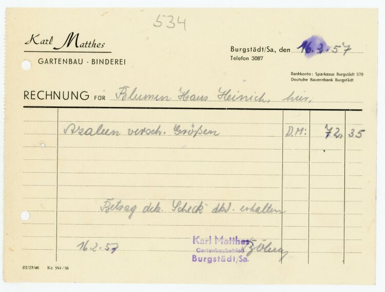 Karl Matthes Gartenbau (Burgstädt) - Rechnung an Frl. Heinig - 16.2.57