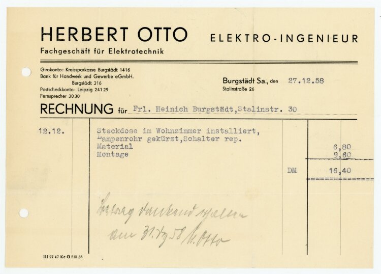 Otto Elektro-Ingenieur (Burgstädt) - Rechnung an Frau Brockmann - 27.12.58