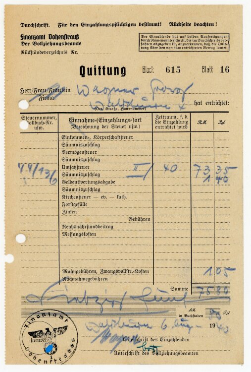 Finanzamt (Vohenstrauß) - Quittung an Georg Wagner (Waldthrun) - 6.8.40