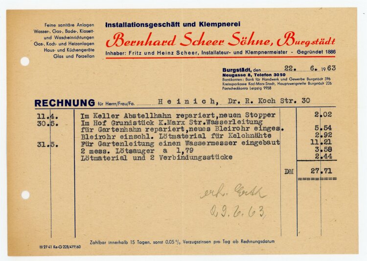 B. Scheer Söhne Klempner (Burgstädt) - Rechnung an Herr Heinrich - 22.6.63