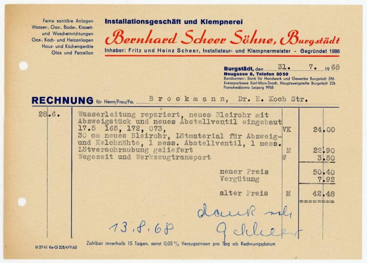 B. Scheer Söhne Klempner (Burgstädt) - Rechnung an Herr Heinrich - 31.7.68