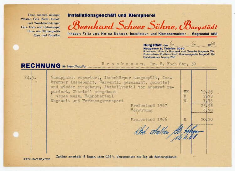 B. Scheer Söhne Klempner (Burgstädt) - Rechnung an Herr Heinrich - 6.6.68