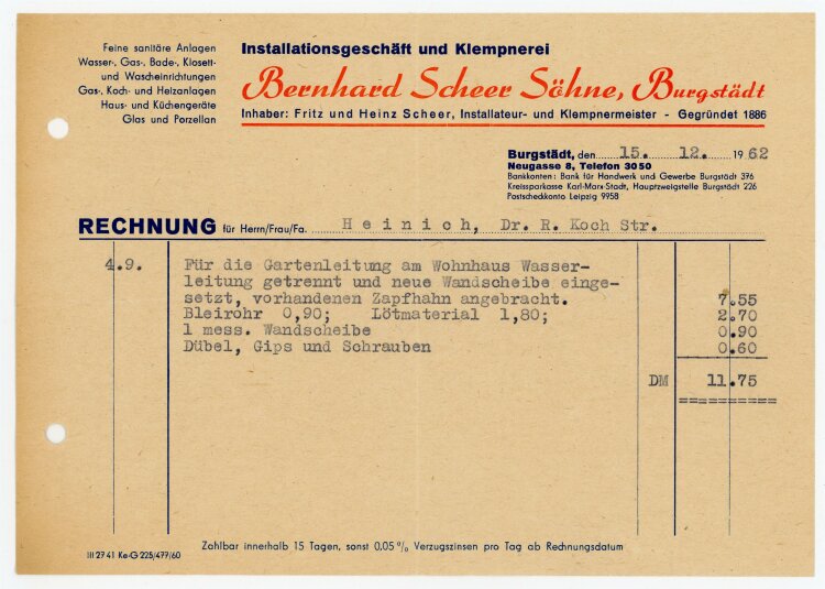 B. Scheer Söhne Klempner (Burgstädt) - Rechnung an Herr Heinrich - 15.12.62