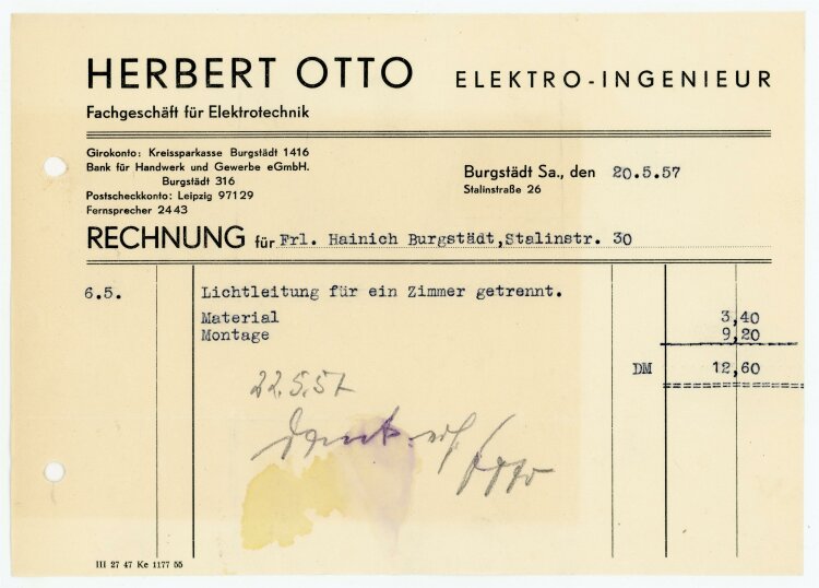 Otto Elektro-Ingenieur (Burgstädt) - Rechnung an Frau Brockmann - 20.5.57