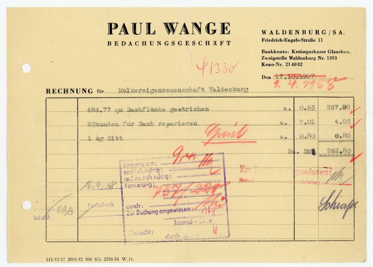Wange Bedachungsgeschäft (Waldenburg) - Rechnung an Molkerei-Gen. - 9.4.58