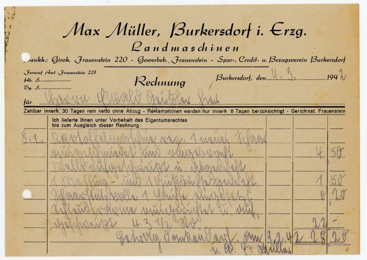 Max Müller Landmaschinen (Burkersdorf) - Rechnung an Ewald Geissler - 4.3.42