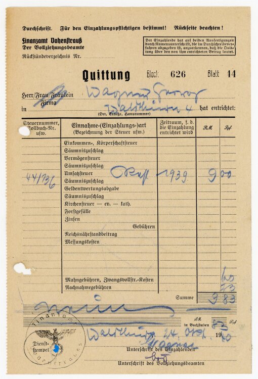 Finanzamt (Vohenstrauß) - Quittung an Georg Wagner (Waldthrun) - 24.11.40