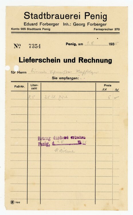 Stadtbrauerei (Penig) - Rechnung an Firma Schweißer (Penig) - 1.8.1935