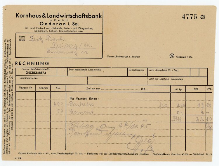 Landwirtschaftsbank (Oederan) - Rechnung an Fritz Bach (Freiberg) - 24.11.45