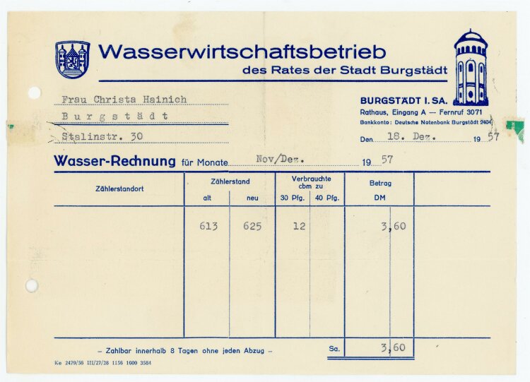 Wasserwirtschaftbetrieb (Burgstädt) - Rechnung an C. Heinig - 18.12.57