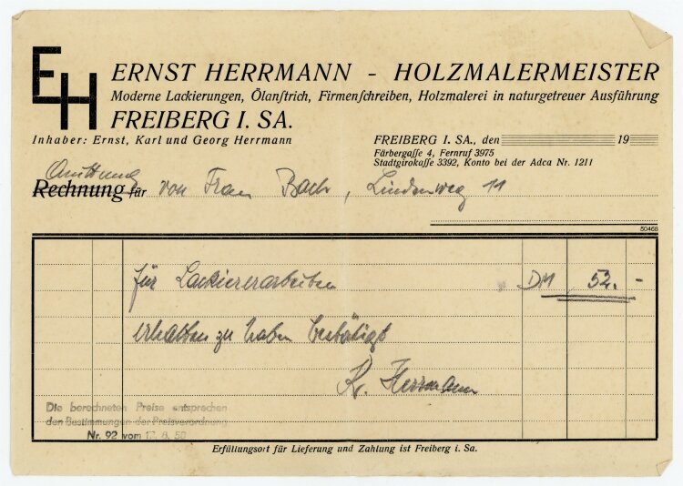 Herrmann Holzmalermeister (Freiberg) - Quittung an Fr....