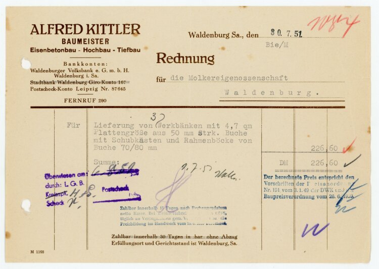 Alfred Kittler Baumeister (Waldenburg) - Rechnung an Molkerei-Gen. - 30.7.51