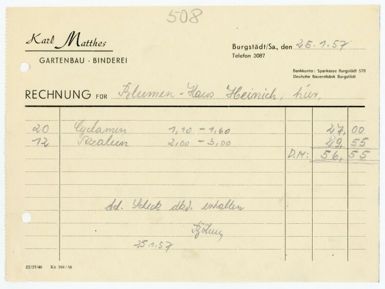 Karl Matthes Gartenbau (Burgstädt) - Rechnung an Frl. Heinig - 25.1.57