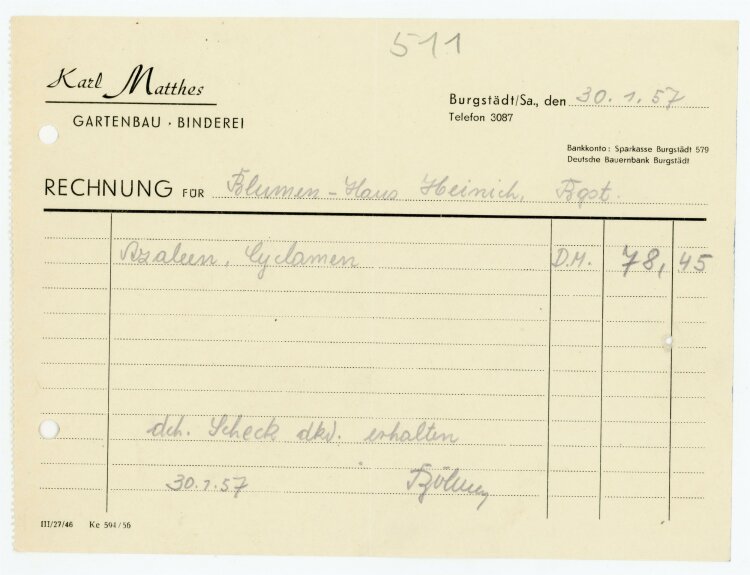 Karl Matthes Gartenbau (Burgstädt) - Rechnung an Frl. Heinig - 30.1.57