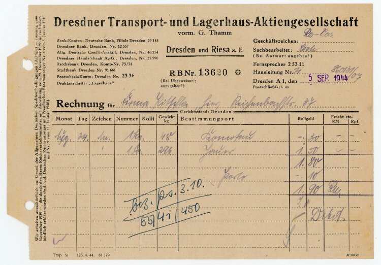 Transport- und Lagerhaus AG - Rechnung an Firma Ritschke (Reichenbach) - 5.9.44