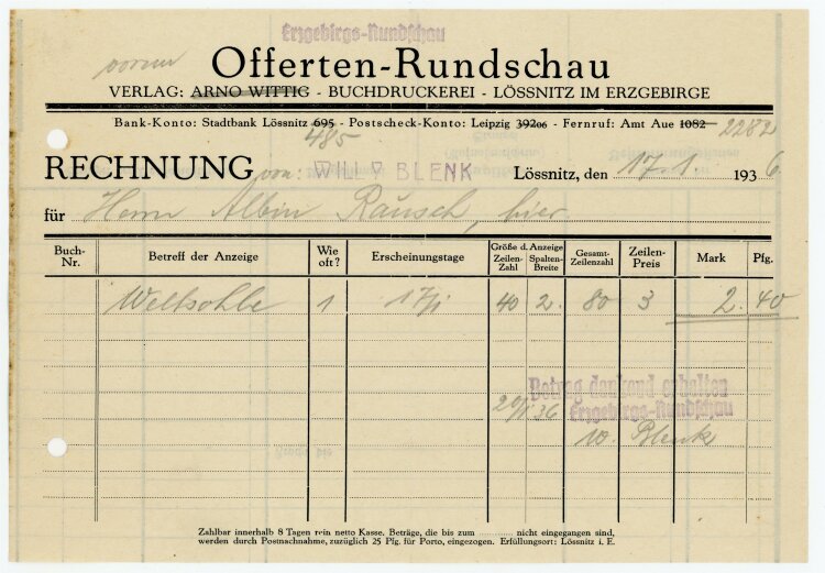Offereten-Rundschau (Lössnitz) - Rechnung an Albin Rausch (Lössnitz) - 17.1.36