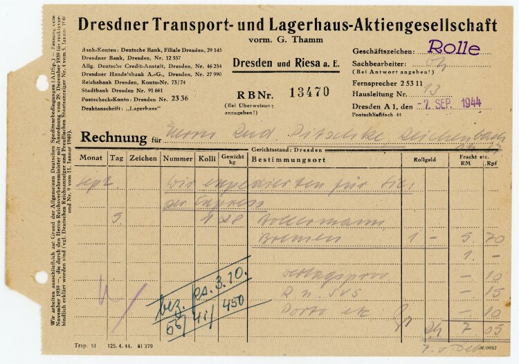 Transport- und Lagerhaus AG - Rechnung an Firma Ritschke (Reichenbach) - 7.9.44