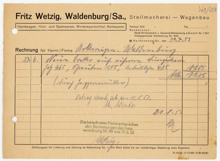 Wetzig Holz- und Spielwaren - Rechnung an Molkerei (Waldenburg) - 31.7.53
