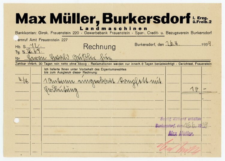 Max Müller (Burkersdorf) - Rechnung an Bauer E. Geißler - 24.4.39