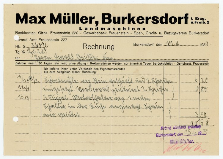 Max Müller (Burkersdorf) - Rechnung an Bauer E. Geißler - 19.4.39