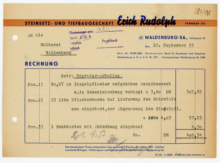 Erich Rudolph (Waldenburg) - Rechnung an Molkerei...