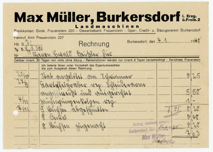 Max Müller (Burkersdorf) - Rechnung an Bauer E. Geißler - 4.1.40