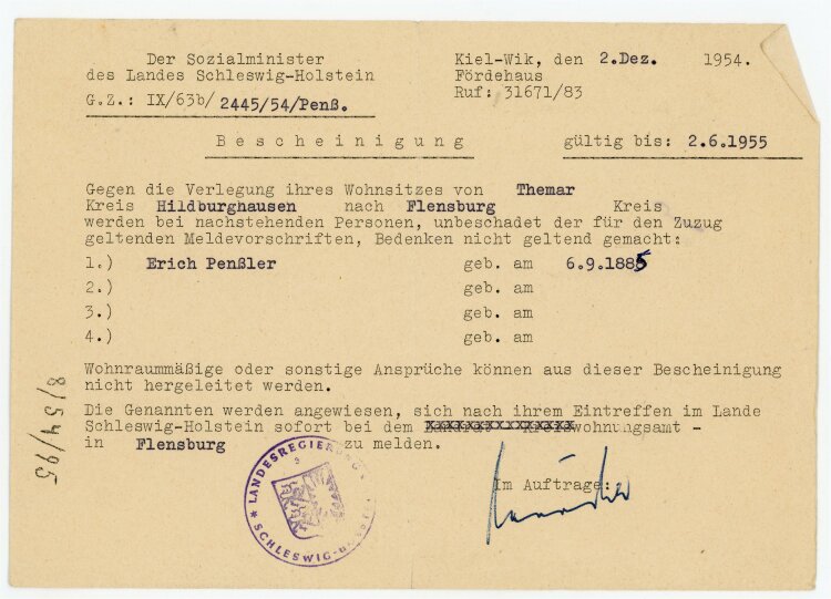 Sozialministerium Schleswig Holstein - Zuzzugsbescheinigung für Penßler - 2.6.55