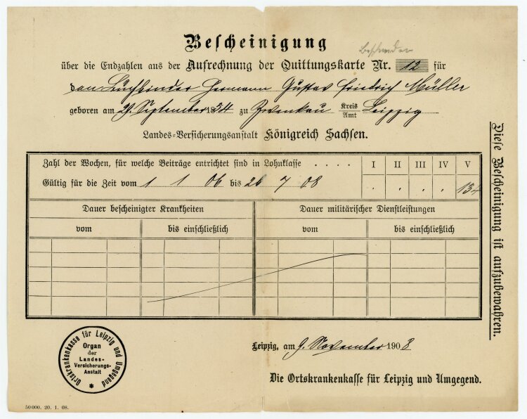 Ortskrankenkasse für Leipzig - Bescheinigung an Buchbinder Müller - 9.11.1908