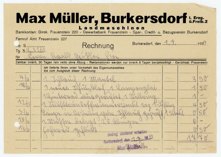 Max Müller (Burkersdorf) - Rechnung an Bauer E. Geißler - 1.4.39