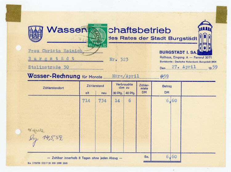 Wasserwirtschaftbetrieb (Burgstädt) - Rechnung an C. Heinig - 27.4.59