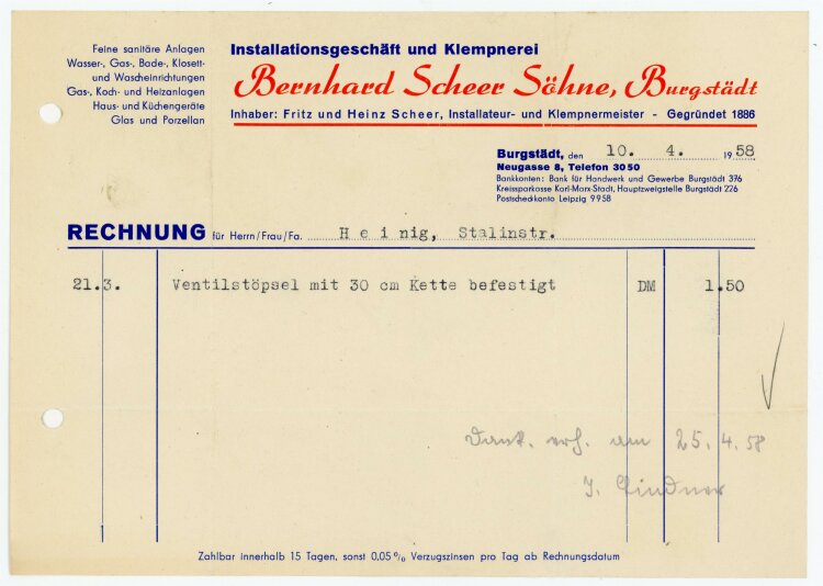 B. Scheer Söhne Klempner (Burgstädt) - Rechnung an Herr Heinrich - 10.4.58
