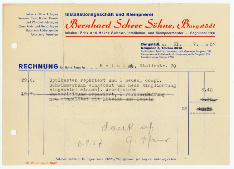 B. Scheer Söhne Klempner (Burgstädt) - Rechnung an Herr Heinrich - 31.7.57
