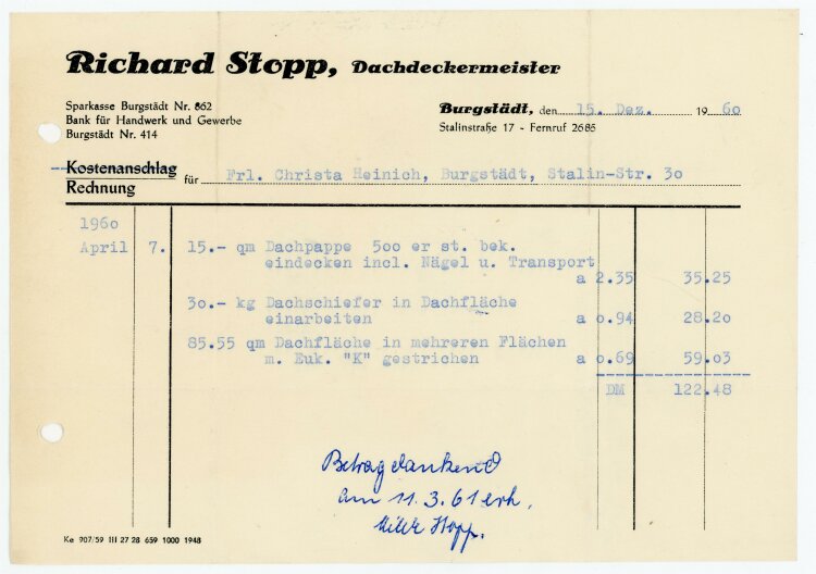 Richard Stopp (Burgstädt) - Rechnung an C. Heinig - 15.12.60