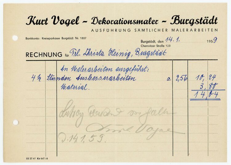 Kurt Vogel (Burgstädt) - Rechnung an C. Heinig - 14.1.59
