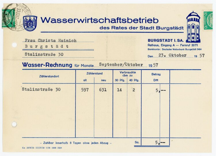 Wasserwirtschaftbetrieb (Burgstädt) - Rechnung an C. Heinig - 23.11.57