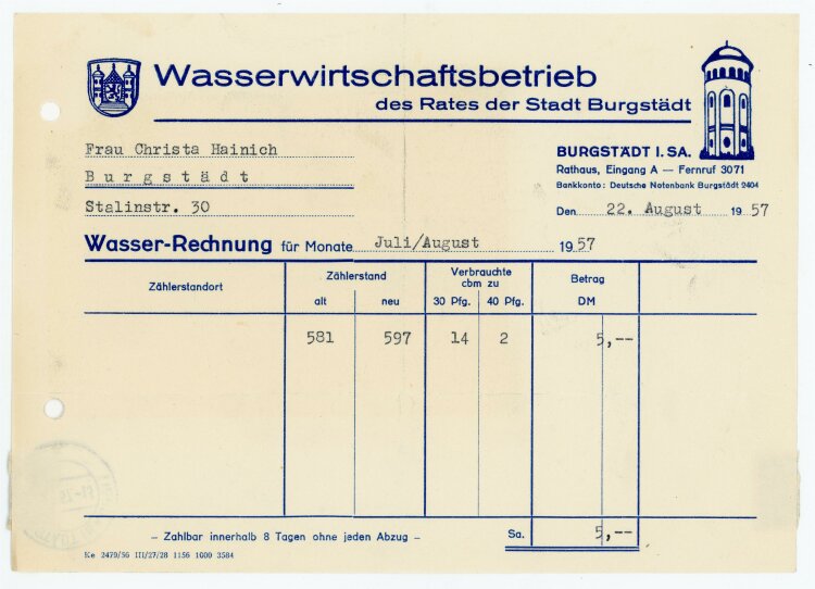 Wasserwirtschaftbetrieb (Burgstädt) - Rechnung an C. Heinig - 22.8.57