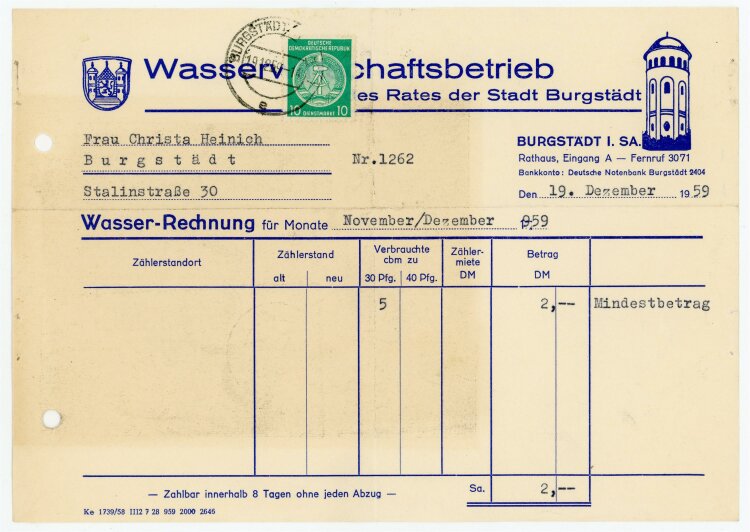 Wasserwirtschaftbetrieb (Burgstädt) - Rechnung an C. Heinig - 19.12.59
